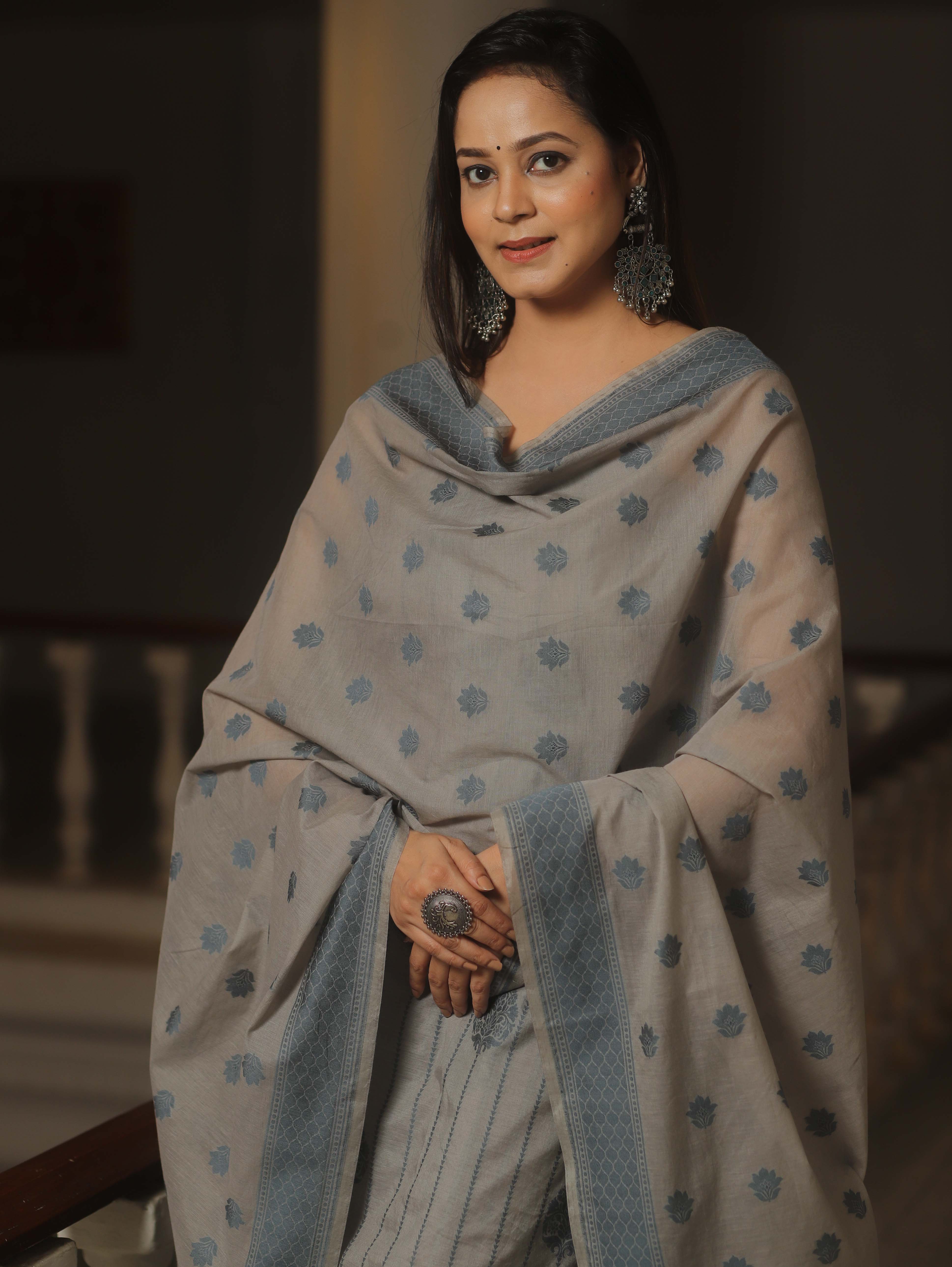 Banarasee Cotton Salwar Kameez Fabric With Dupatta & Resham Zari-Grey