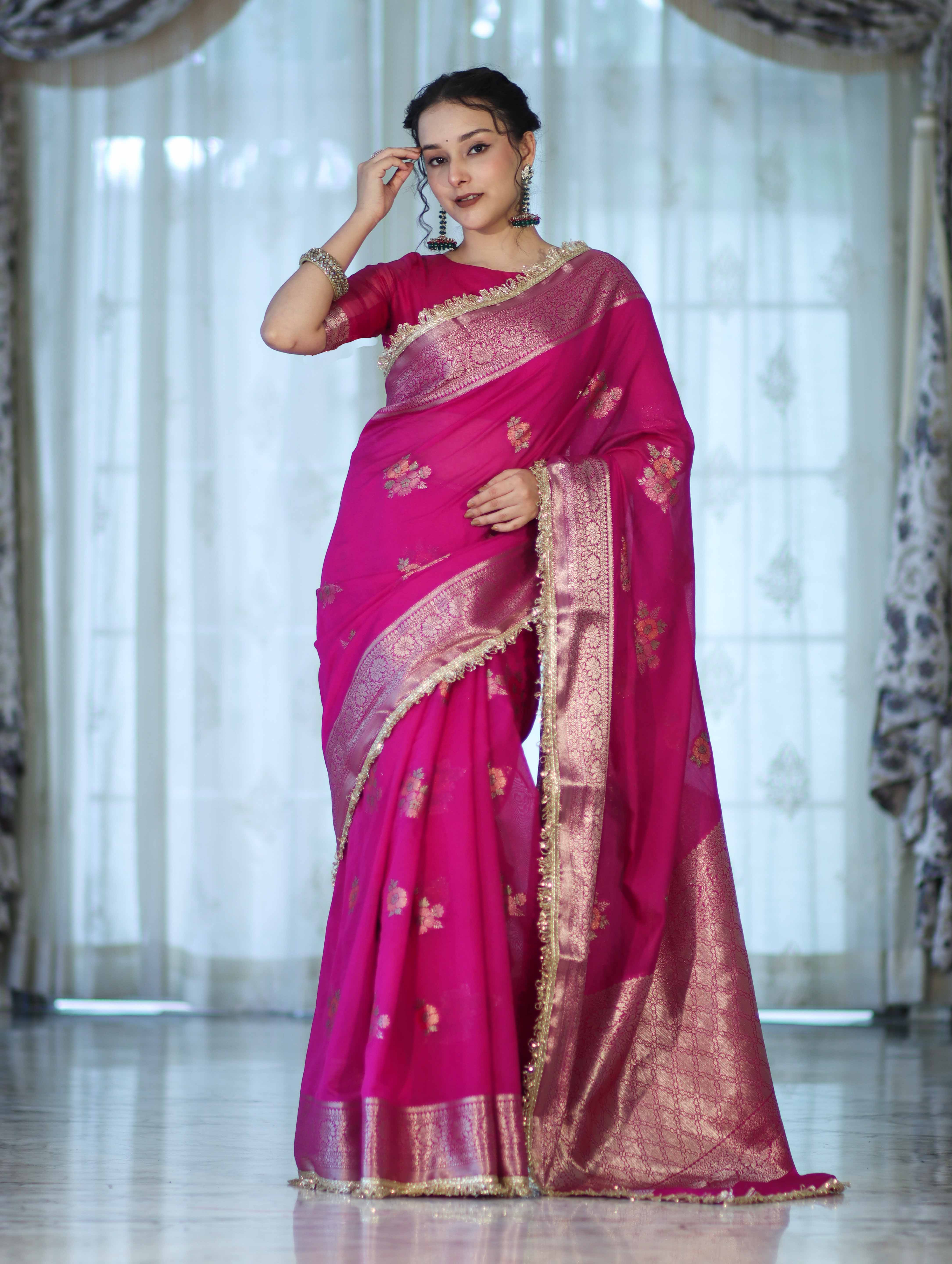 Banarasee Handwoven Faux Georgette Saree With Meena Zari Work Border & Lace-Pink