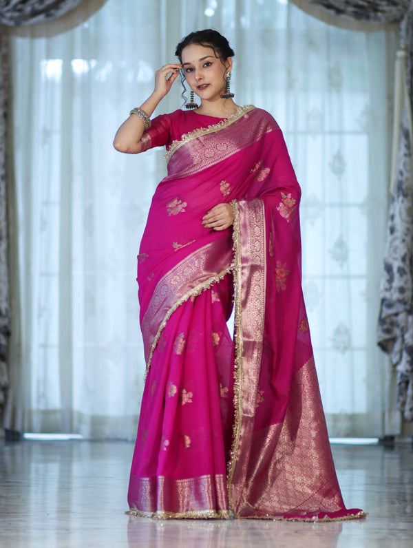 Banarasee Handwoven Faux Georgette Saree With Meena Zari Work Border & Lace-Pink
