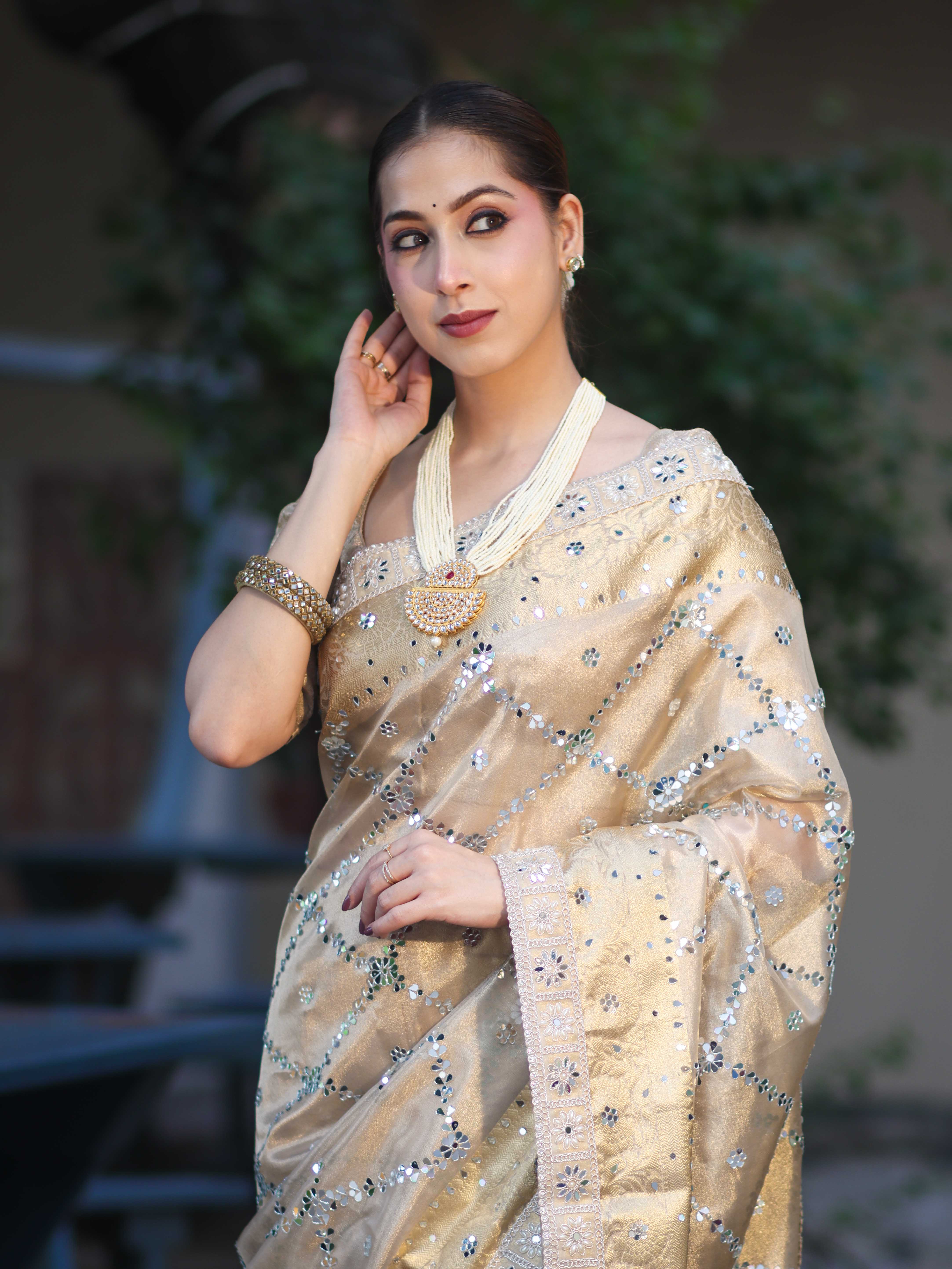 Banarasee Tissue Hand Embroidered Mirror Work Saree With Zari Woven Border & Lace-Gold