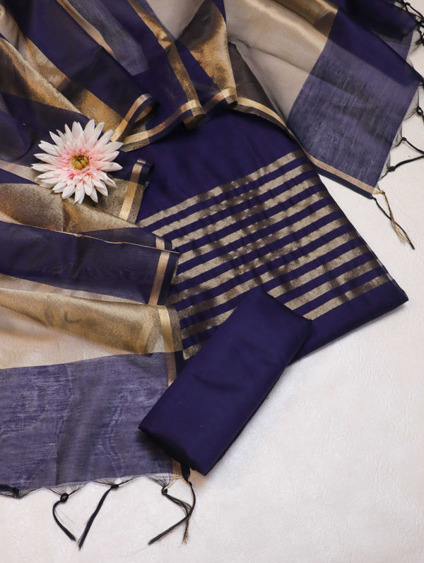Banarasee Cotton Silk Stripe Pattern Salwar Kameez Fabric With Dupatta Set-Navy Blue