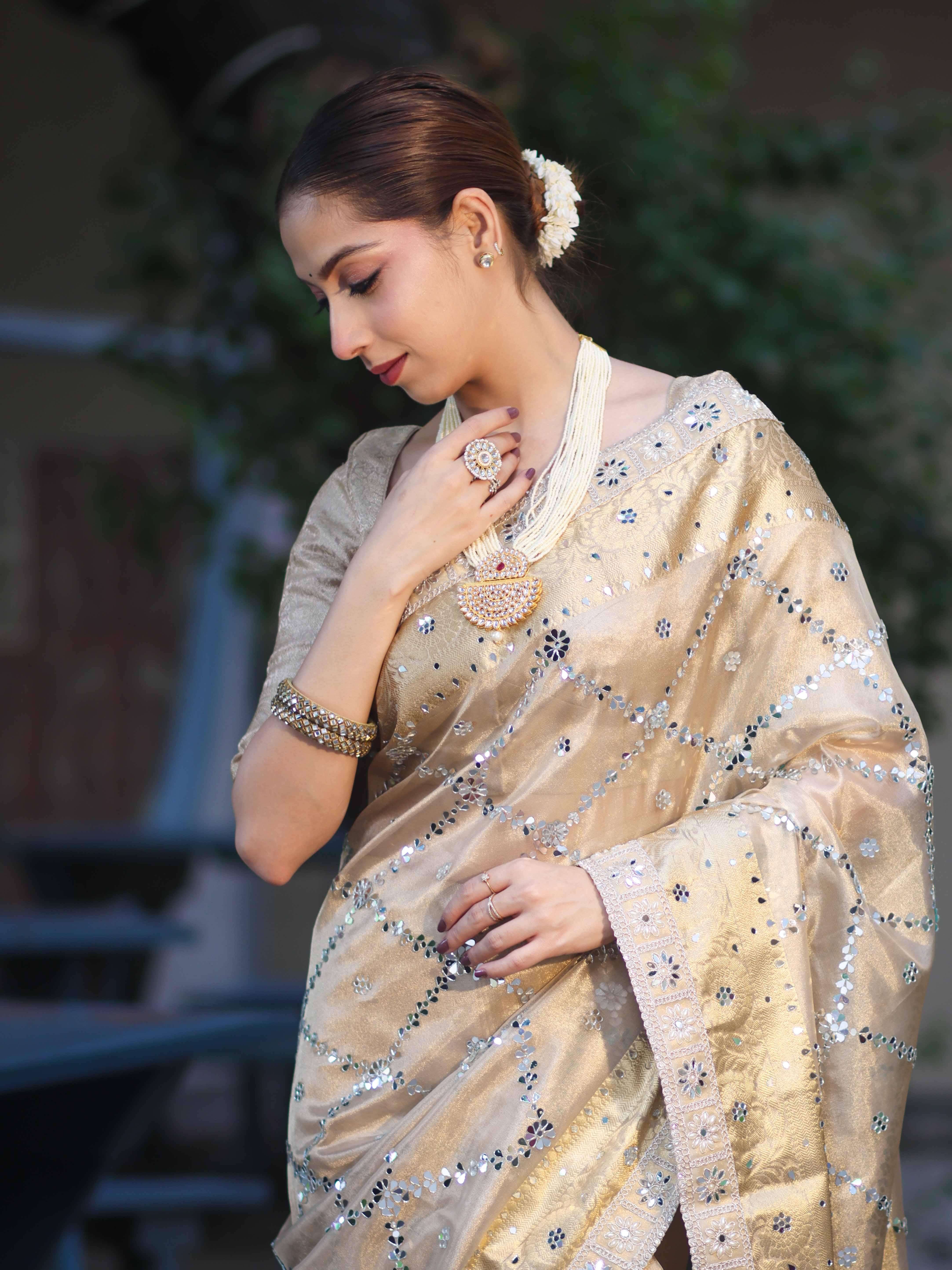 Banarasee Tissue Hand Embroidered Mirror Work Saree With Zari Woven Border & Lace-Gold