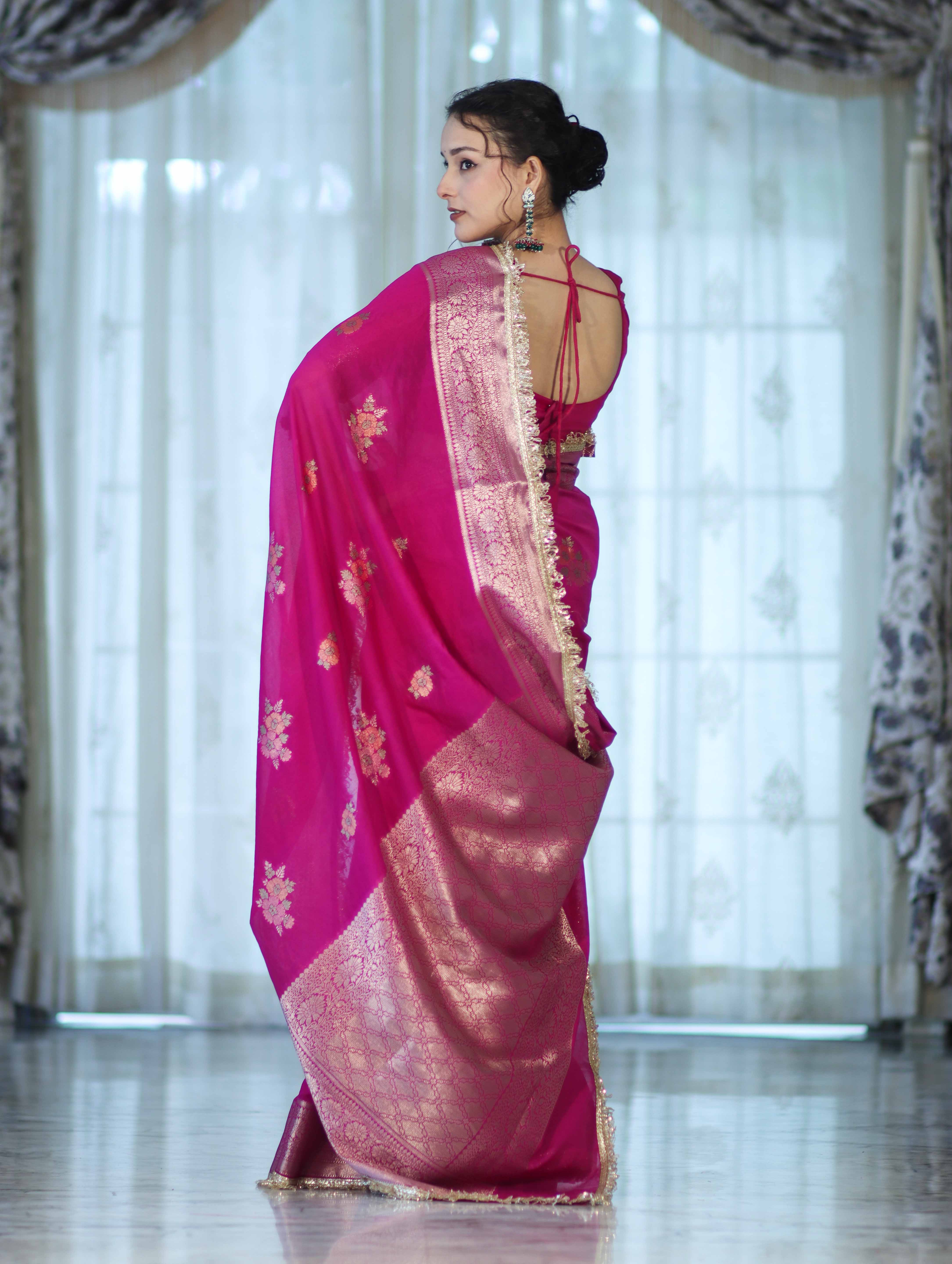 Banarasee Handwoven Faux Georgette Saree With Meena Zari Work Border & Lace-Pink