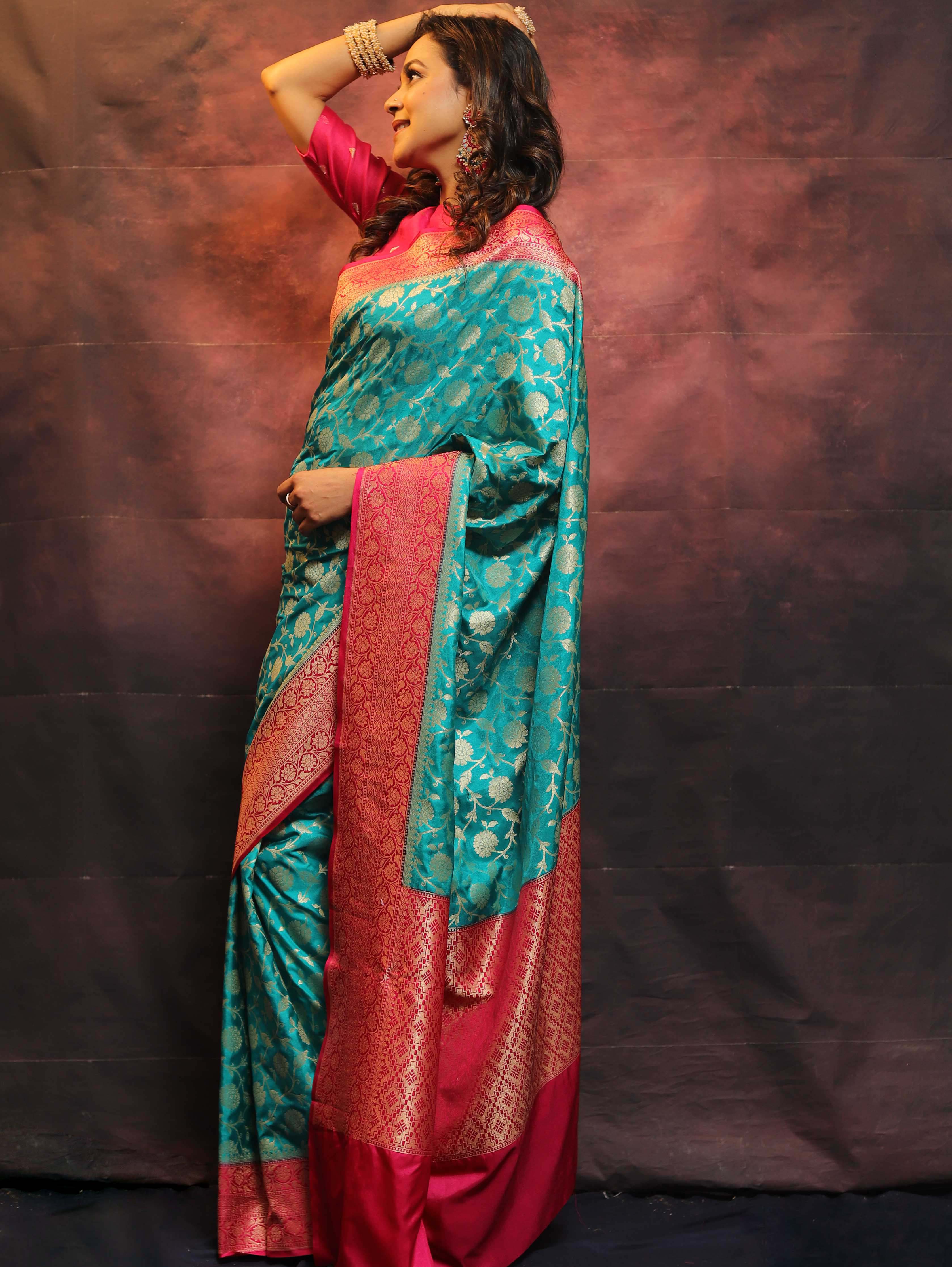 Banarasee Semi-Katan Zari Jaal Saree-Green & Pink