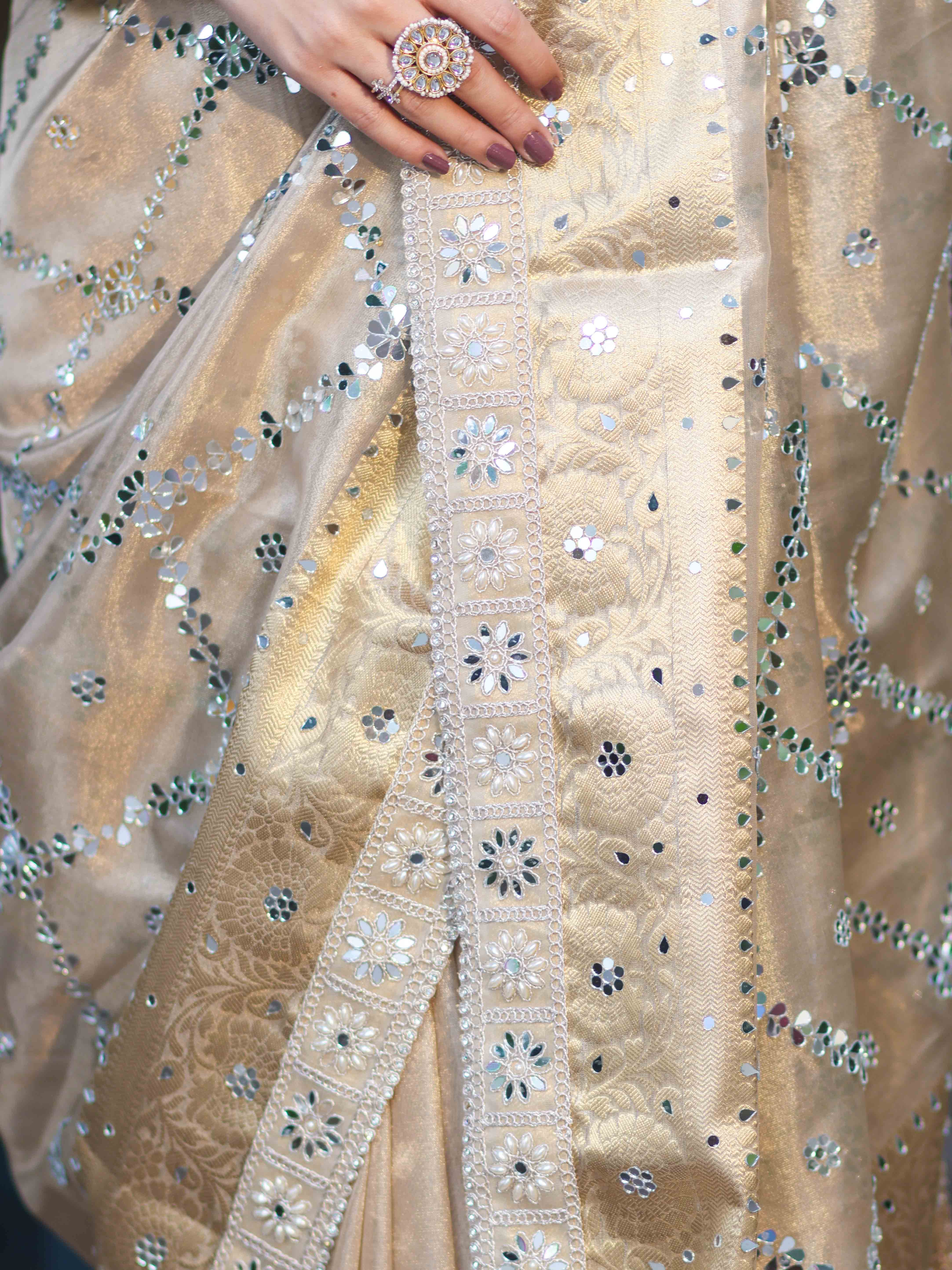Banarasee Tissue Hand Embroidered Mirror Work Saree With Zari Woven Border & Lace-Gold