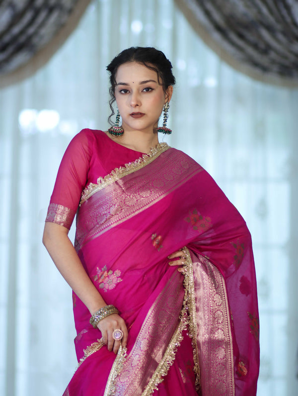 Banarasee Handwoven Faux Georgette Saree With Meena Zari Work Border & Lace-Pink