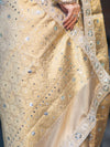 Banarasee Tissue Hand Embroidered Mirror Work Saree With Zari Woven Border & Lace-Gold