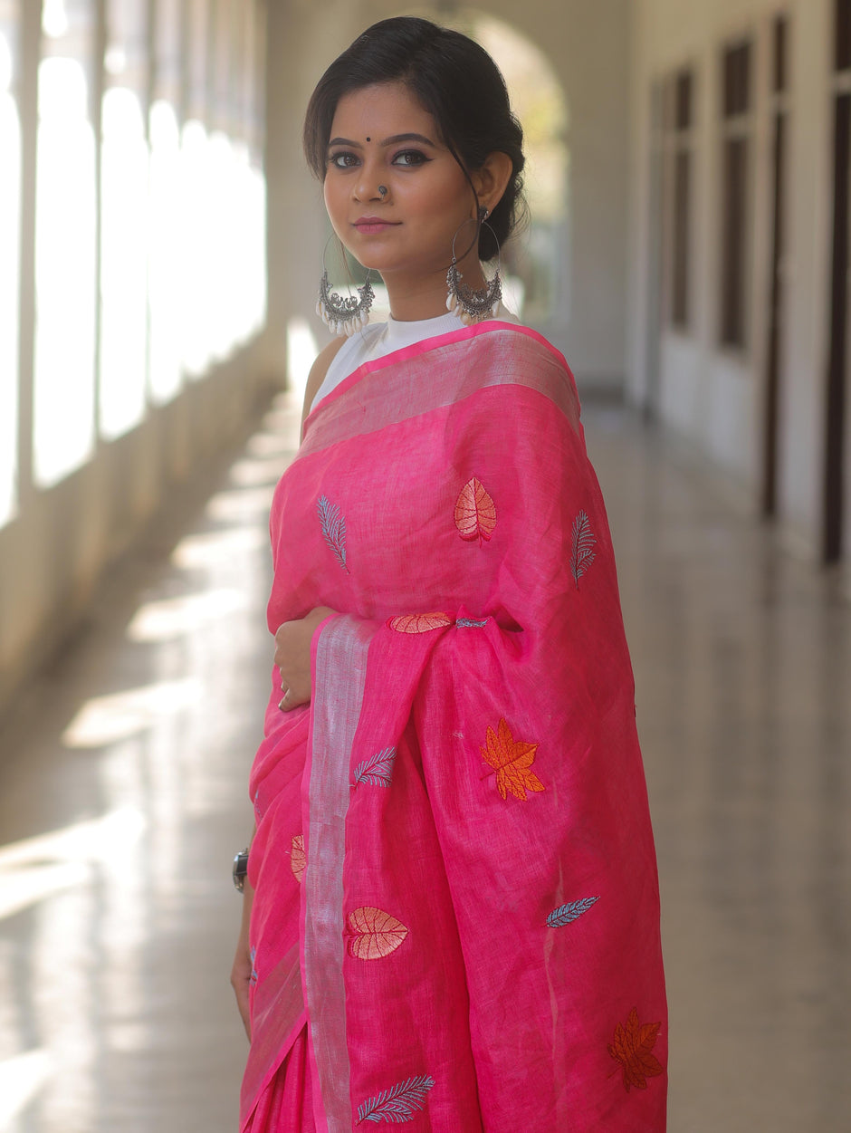 Bhagalpur Handloom Embroidered Buta Design Linen Saree-Pink