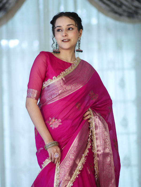 Banarasee Handwoven Faux Georgette Saree With Meena Zari Work Border & Lace-Pink