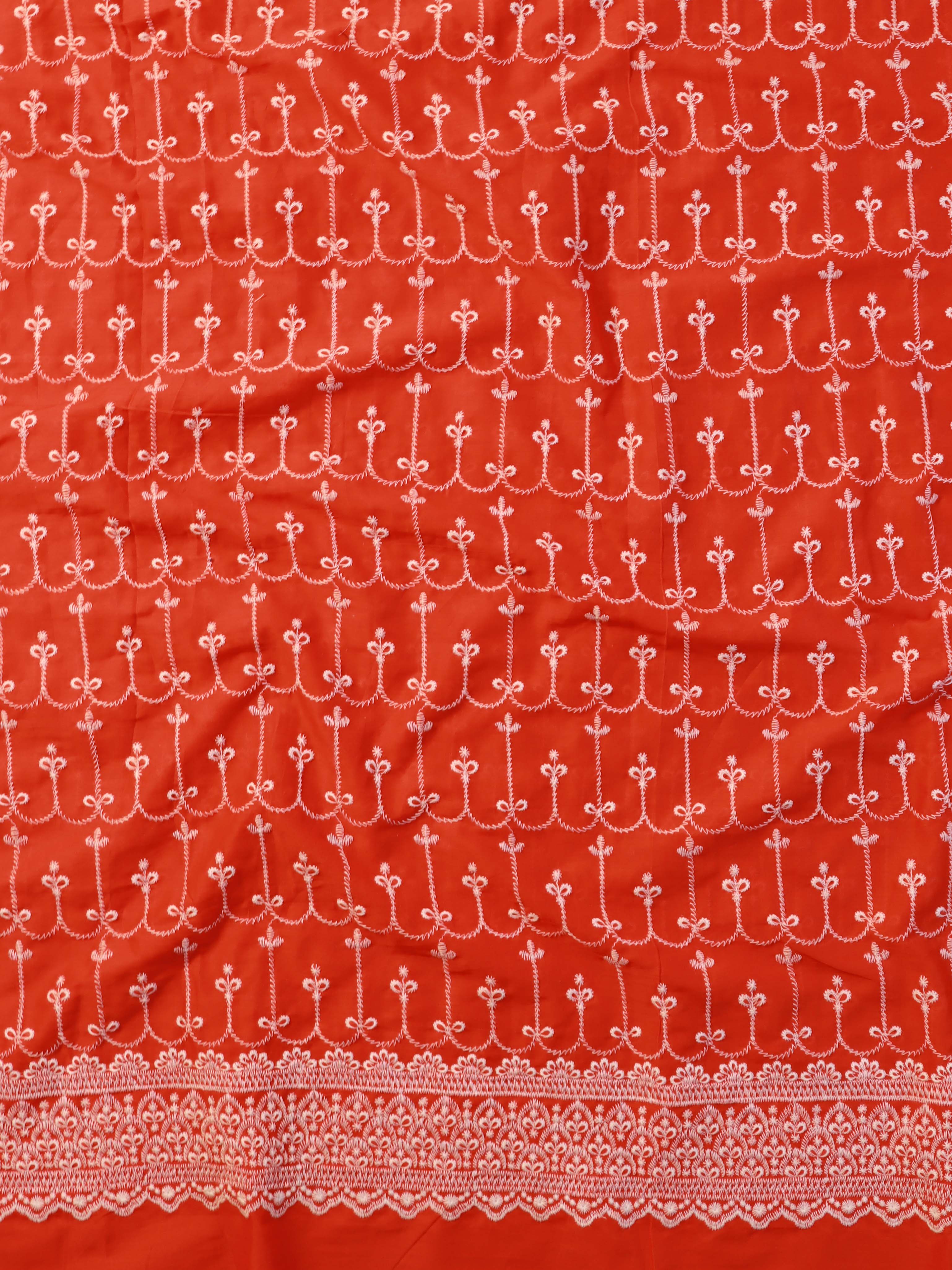 Banarasee Shifli Cotton Salwar Kameez Set & Net Dupatta-Red & White