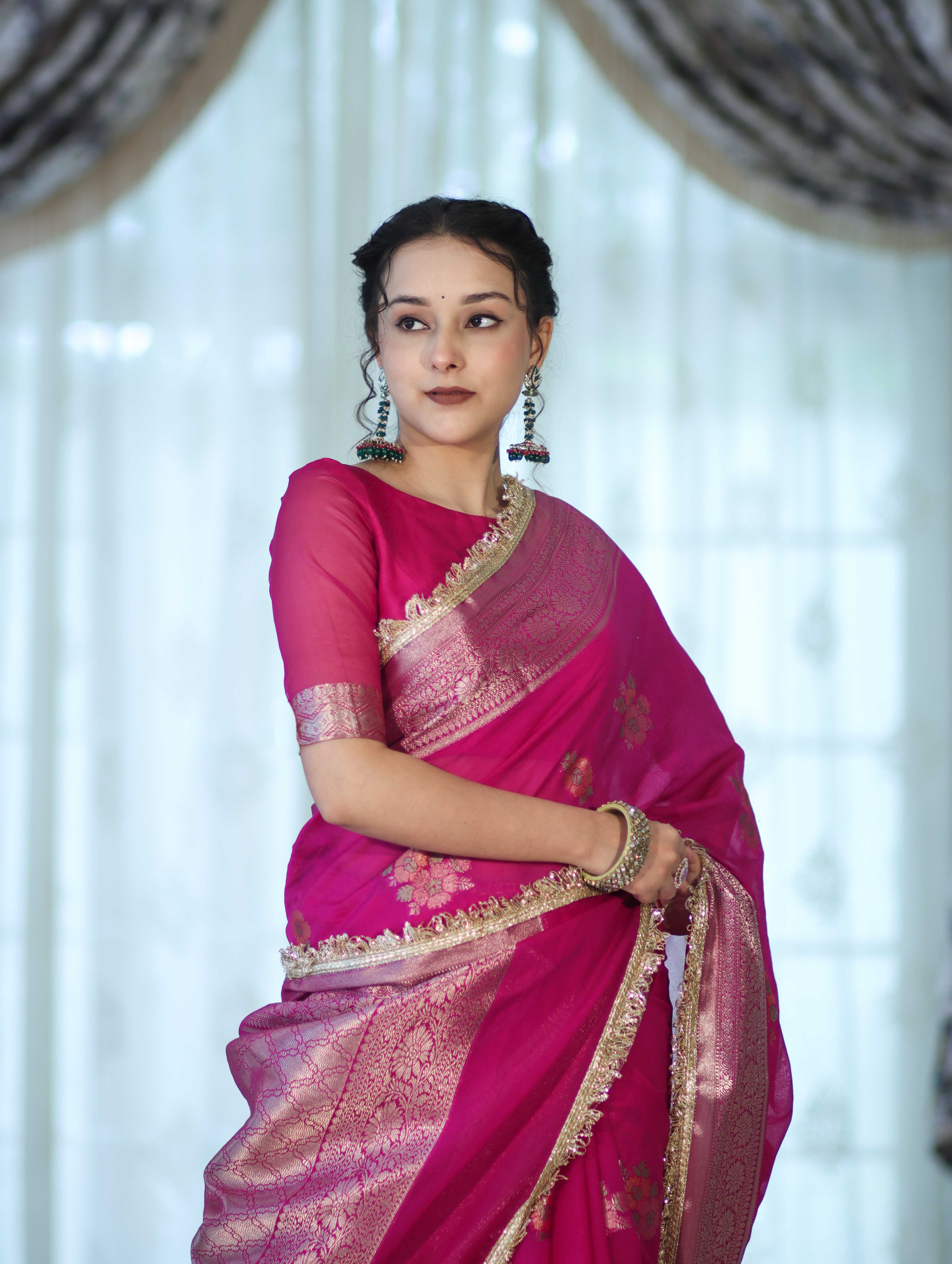 Banarasee Handwoven Faux Georgette Saree With Meena Zari Work Border & Lace-Pink