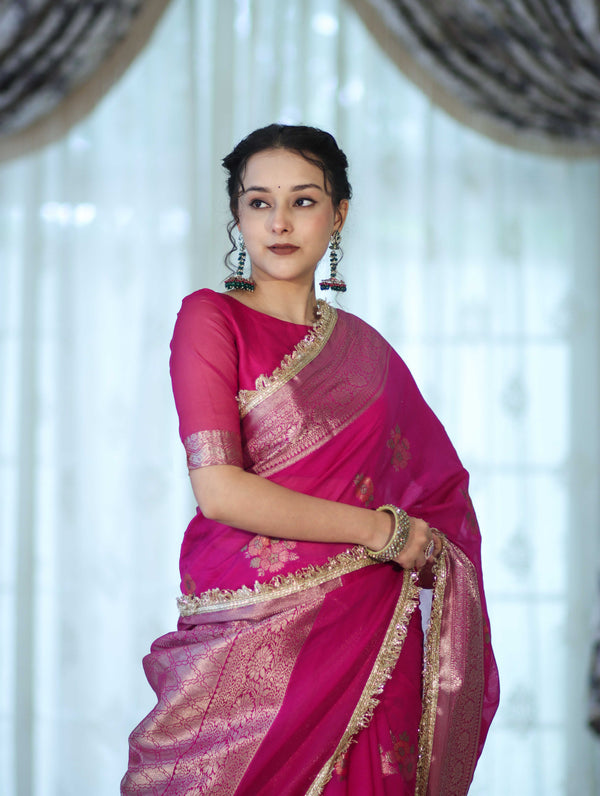 Banarasee Handwoven Faux Georgette Saree With Meena Zari Work Border & Lace-Pink