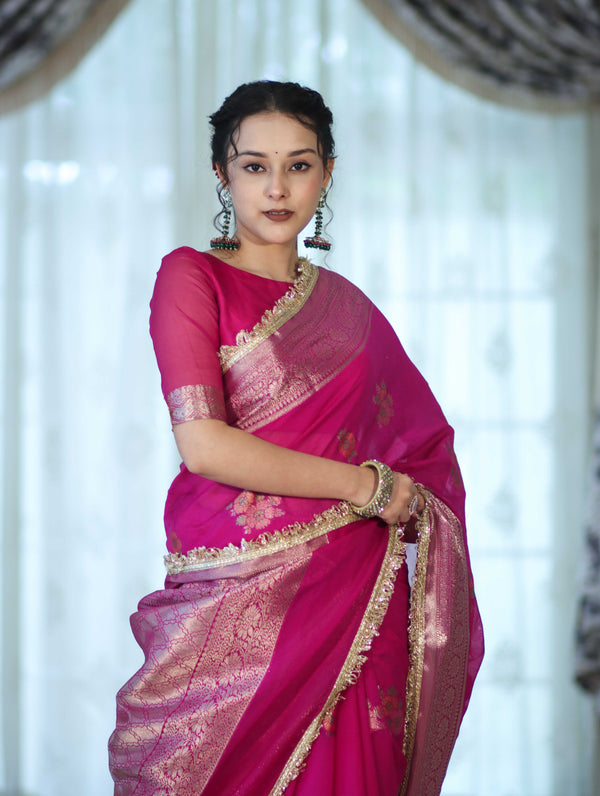 Banarasee Handwoven Faux Georgette Saree With Meena Zari Work Border & Lace-Pink