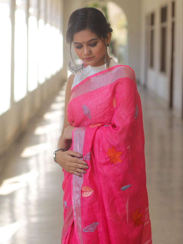 Bhagalpur Handloom Embroidered Buta Design Linen Saree-Pink