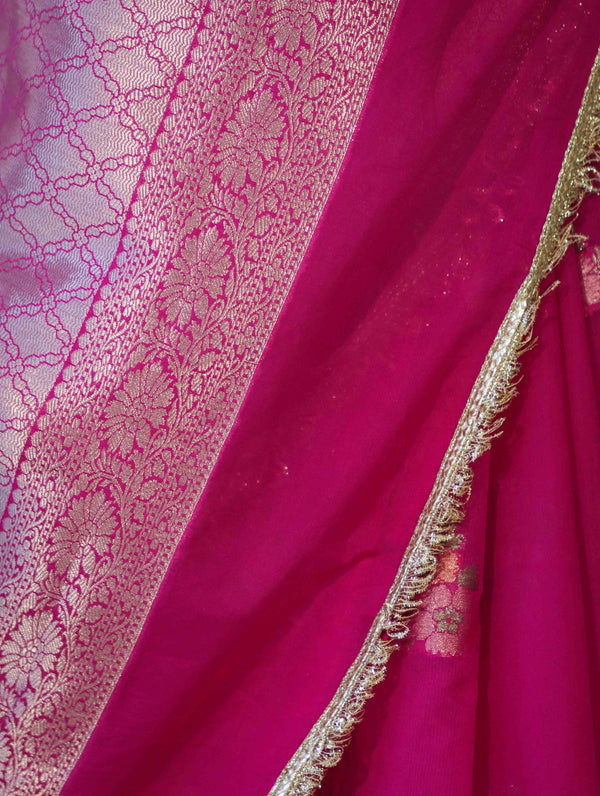 Banarasee Handwoven Faux Georgette Saree With Meena Zari Work Border & Lace-Pink