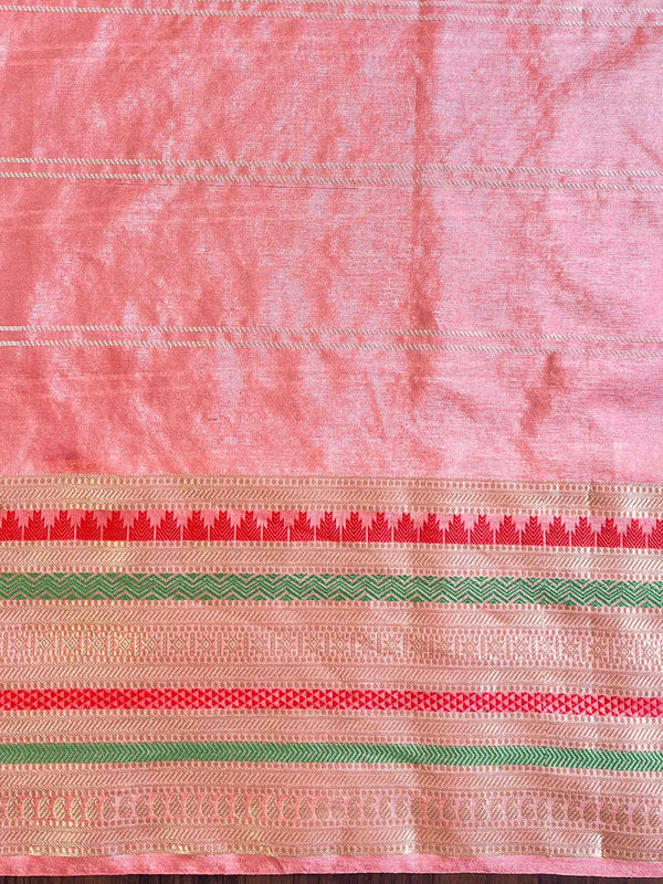 Banarasee Handwoven Semi Silk Plain Saree With Broad Zari & Resham Border-Pink