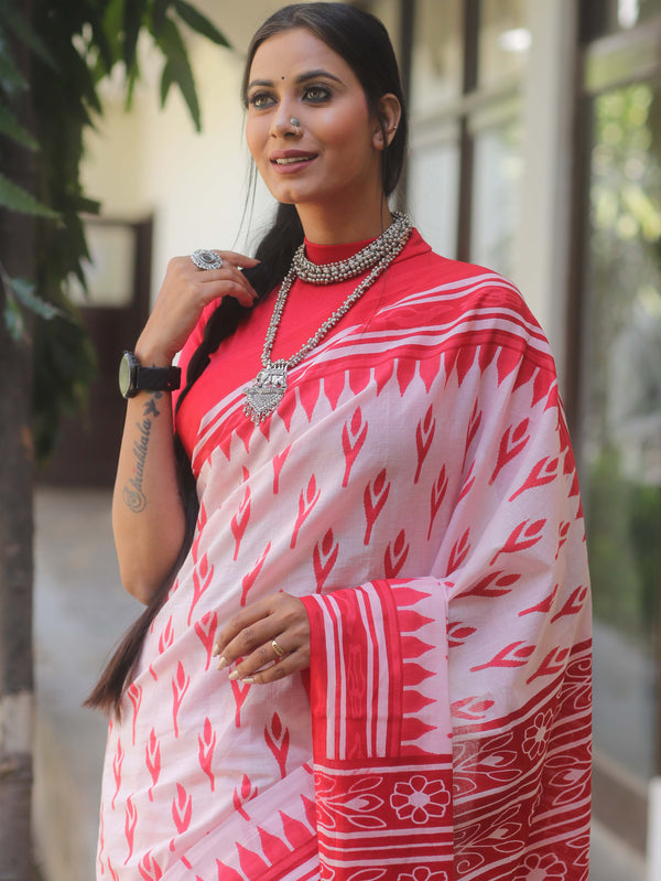 Handloom Mul Cotton Hand-Block Print Saree-White & Red