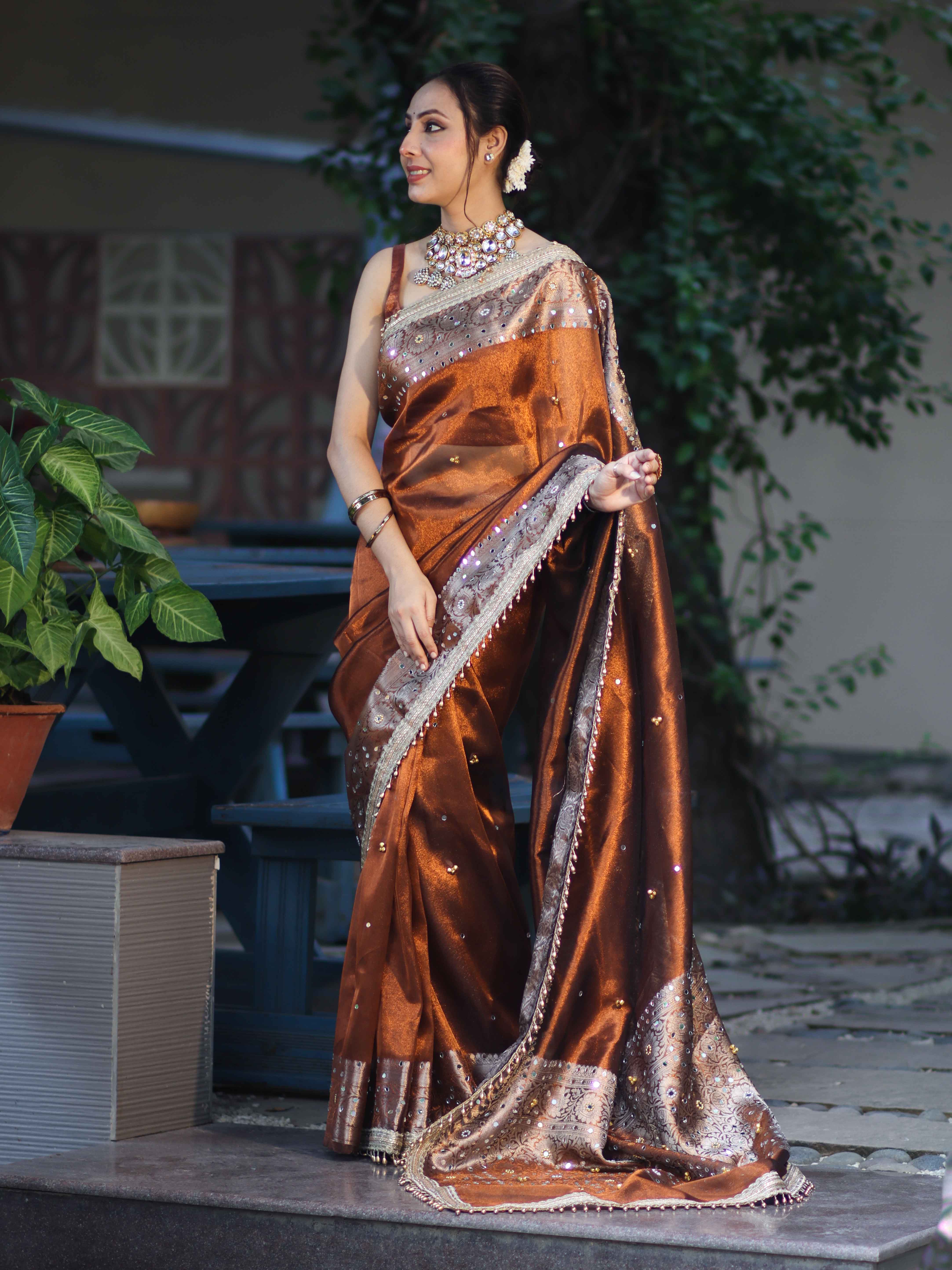 Banarasee Tissue Hand Embroidered Mirror Work Saree With Ghungroo Work & Zari Woven Pallu-Brown