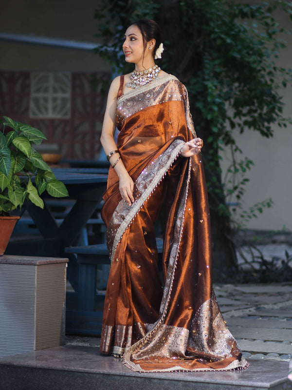 Banarasee Tissue Hand Embroidered Mirror Work Saree With Ghungroo Work & Zari Woven Pallu-Brown