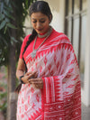 Handloom Mul Cotton Hand-Block Print Saree-White & Red