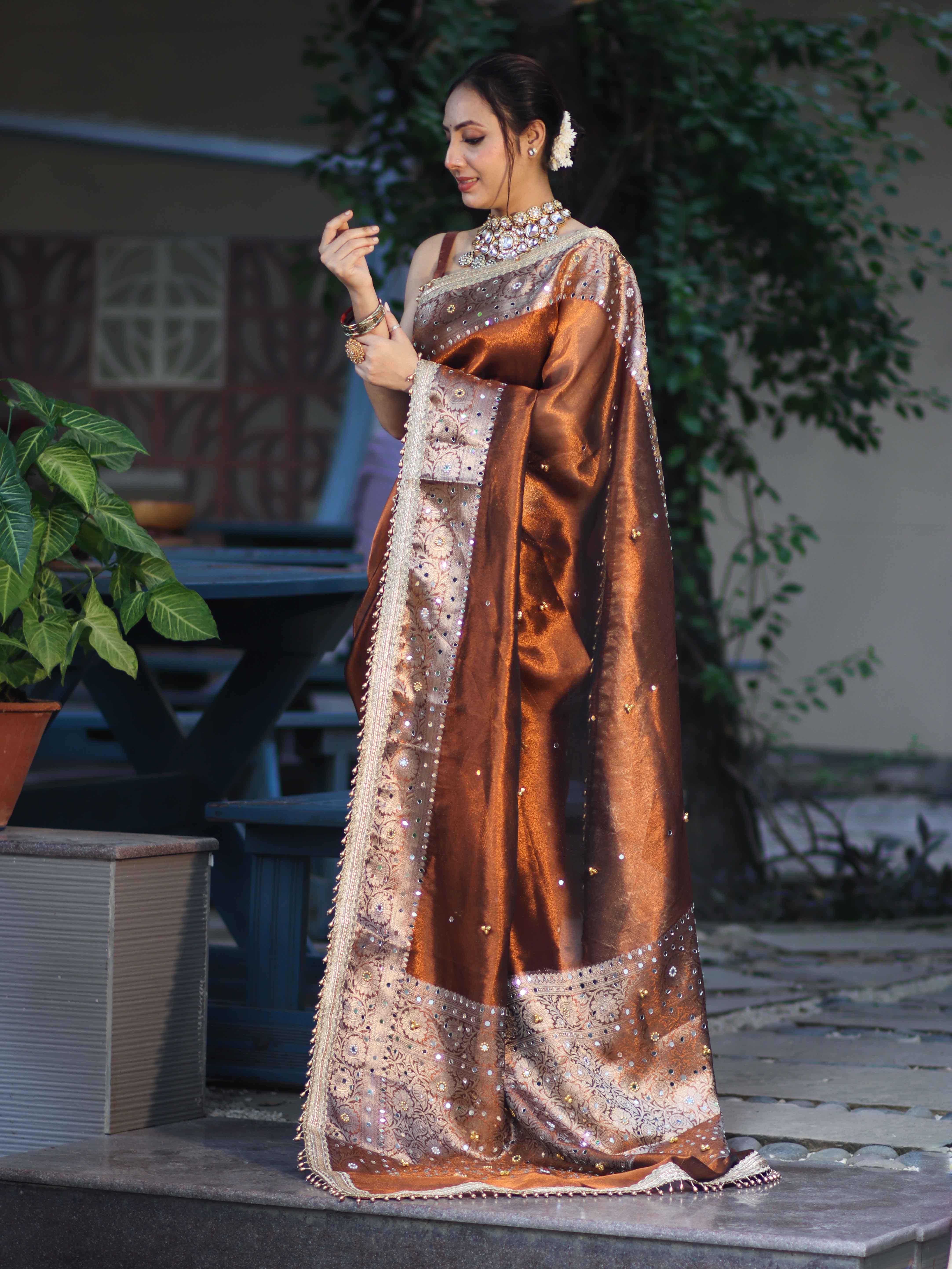 Banarasee Tissue Hand Embroidered Mirror Work Saree With Ghungroo Work & Zari Woven Pallu-Brown
