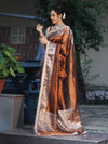 Banarasee Tissue Hand Embroidered Mirror Work Saree With Ghungroo Work & Zari Woven Pallu-Brown