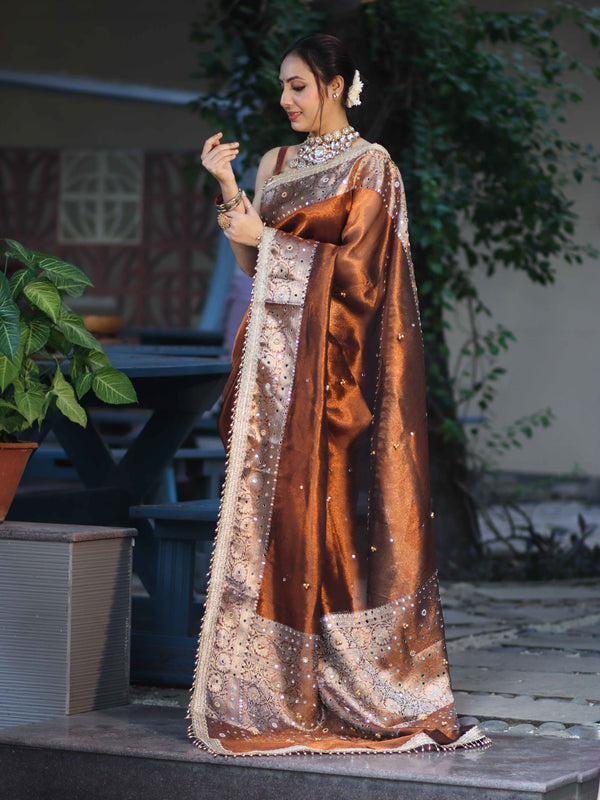 Banarasee Tissue Hand Embroidered Mirror Work Saree With Ghungroo Work & Zari Woven Pallu-Brown