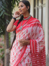 Handloom Mul Cotton Hand-Block Print Saree-White & Red