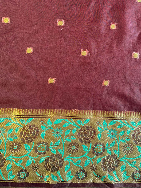 Banarasee Organza Mix Saree With Contrast Zari Meena Border-Maroon
