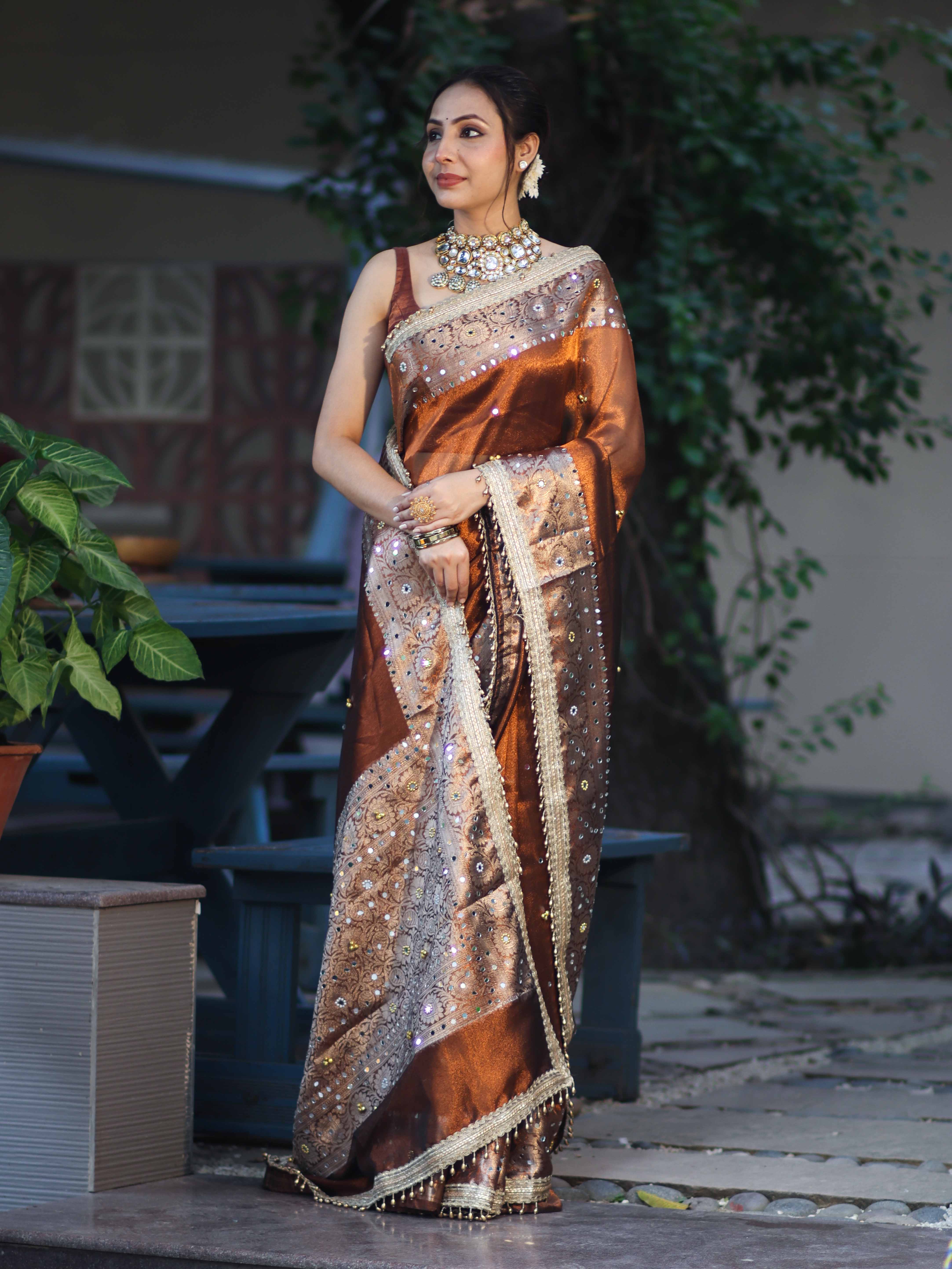 Banarasee Tissue Hand Embroidered Mirror Work Saree With Ghungroo Work & Zari Woven Pallu-Brown