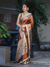 Banarasee Tissue Hand Embroidered Mirror Work Saree With Ghungroo Work & Zari Woven Pallu-Brown