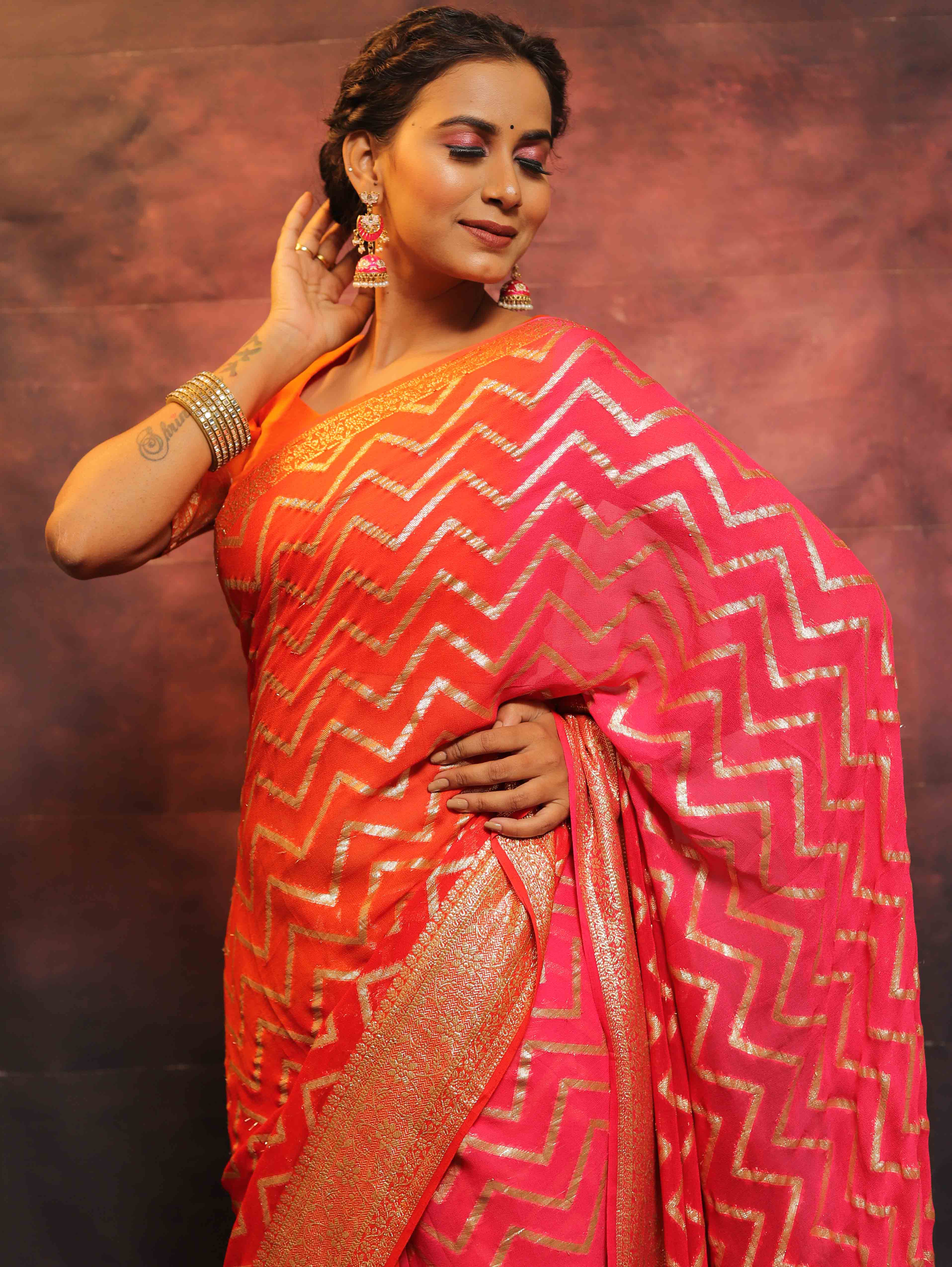 Banarasee Handwoven Semi Silk Saree With Zari Design-Orange & Pink