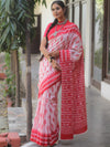Handloom Mul Cotton Hand-Block Print Saree-White & Red