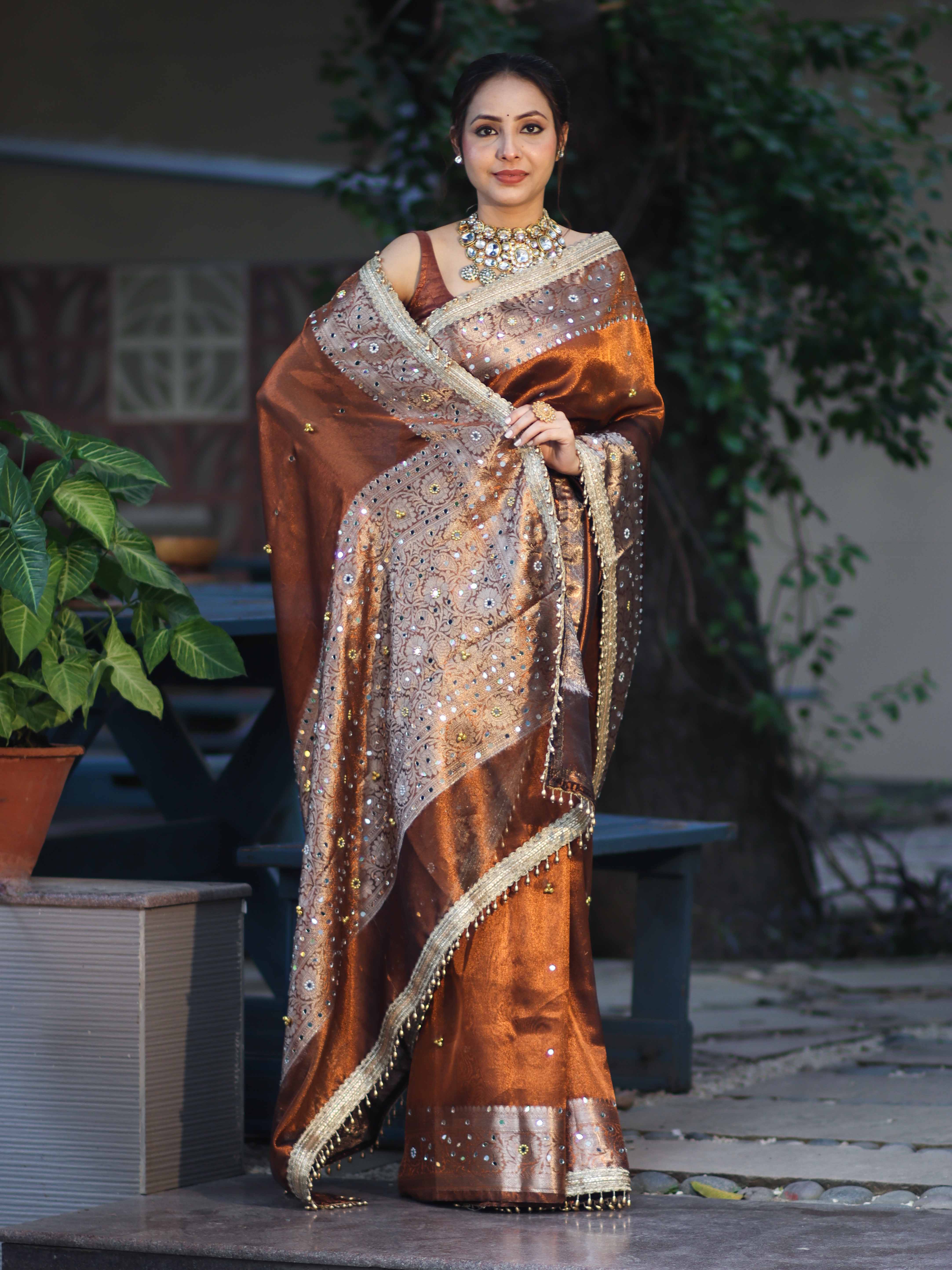 Banarasee Tissue Hand Embroidered Mirror Work Saree With Ghungroo Work & Zari Woven Pallu-Brown