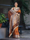 Banarasee Tissue Hand Embroidered Mirror Work Saree With Ghungroo Work & Zari Woven Pallu-Brown