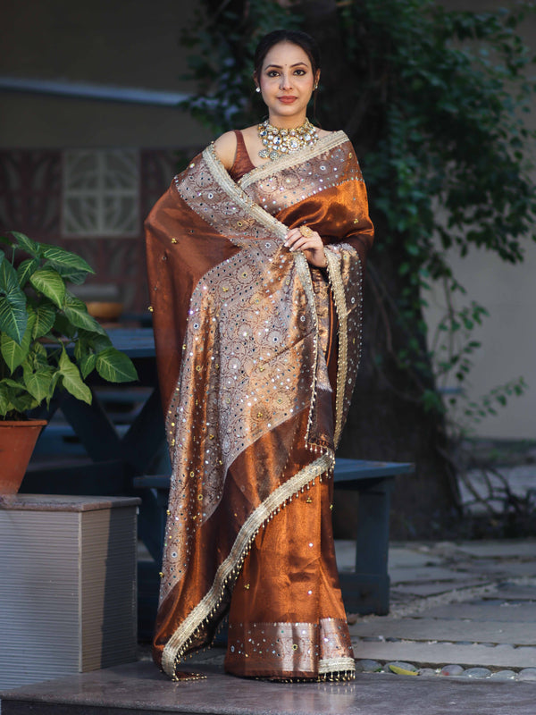Banarasee Tissue Hand Embroidered Mirror Work Saree With Ghungroo Work & Zari Woven Pallu-Brown