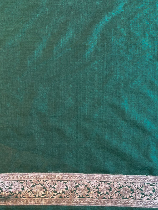 Banarasee Handwoven Semi-Chiffon Saree With Silver Zari Work-Green