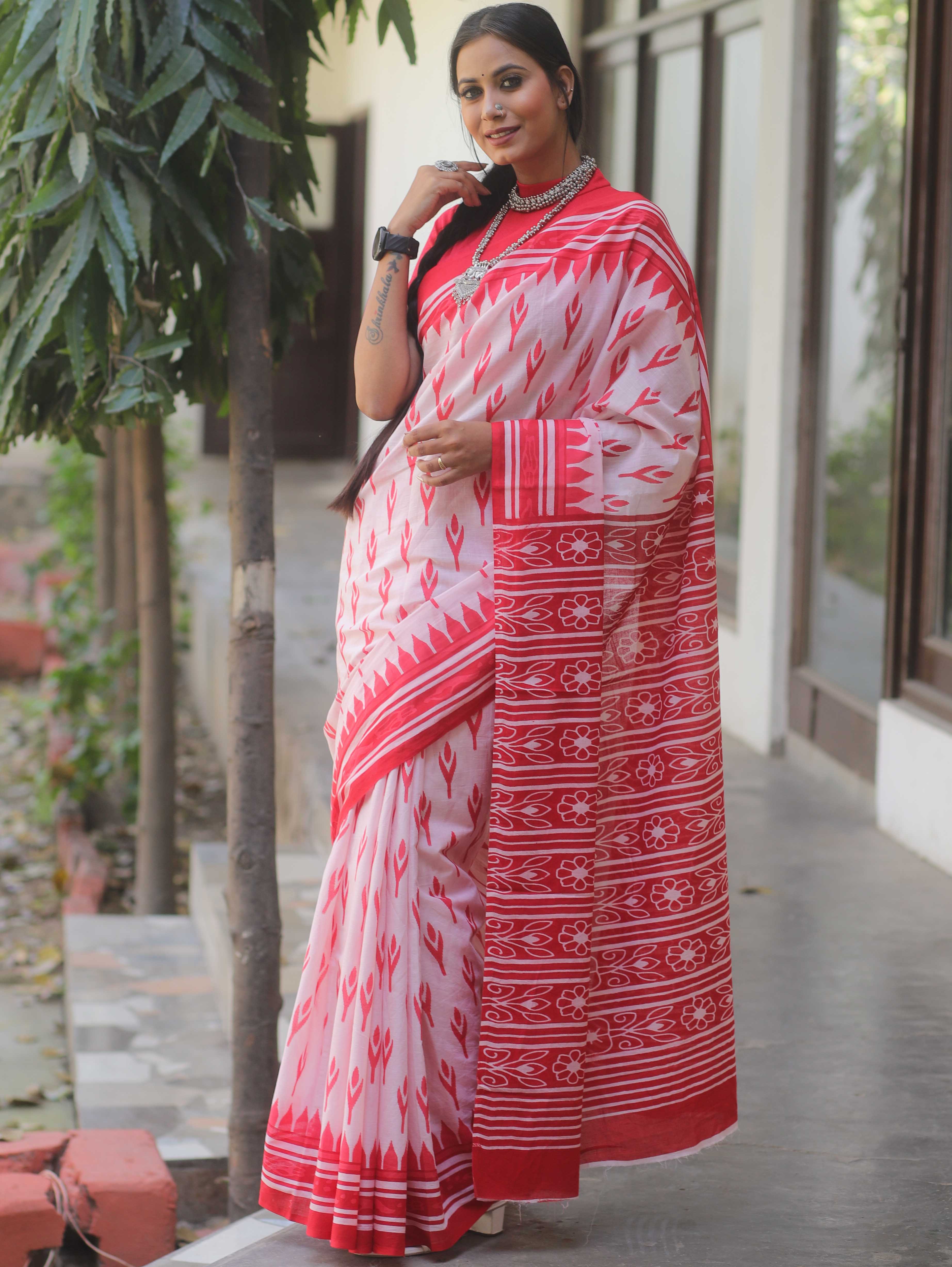 Handloom Mul Cotton Hand-Block Print Saree-White & Red