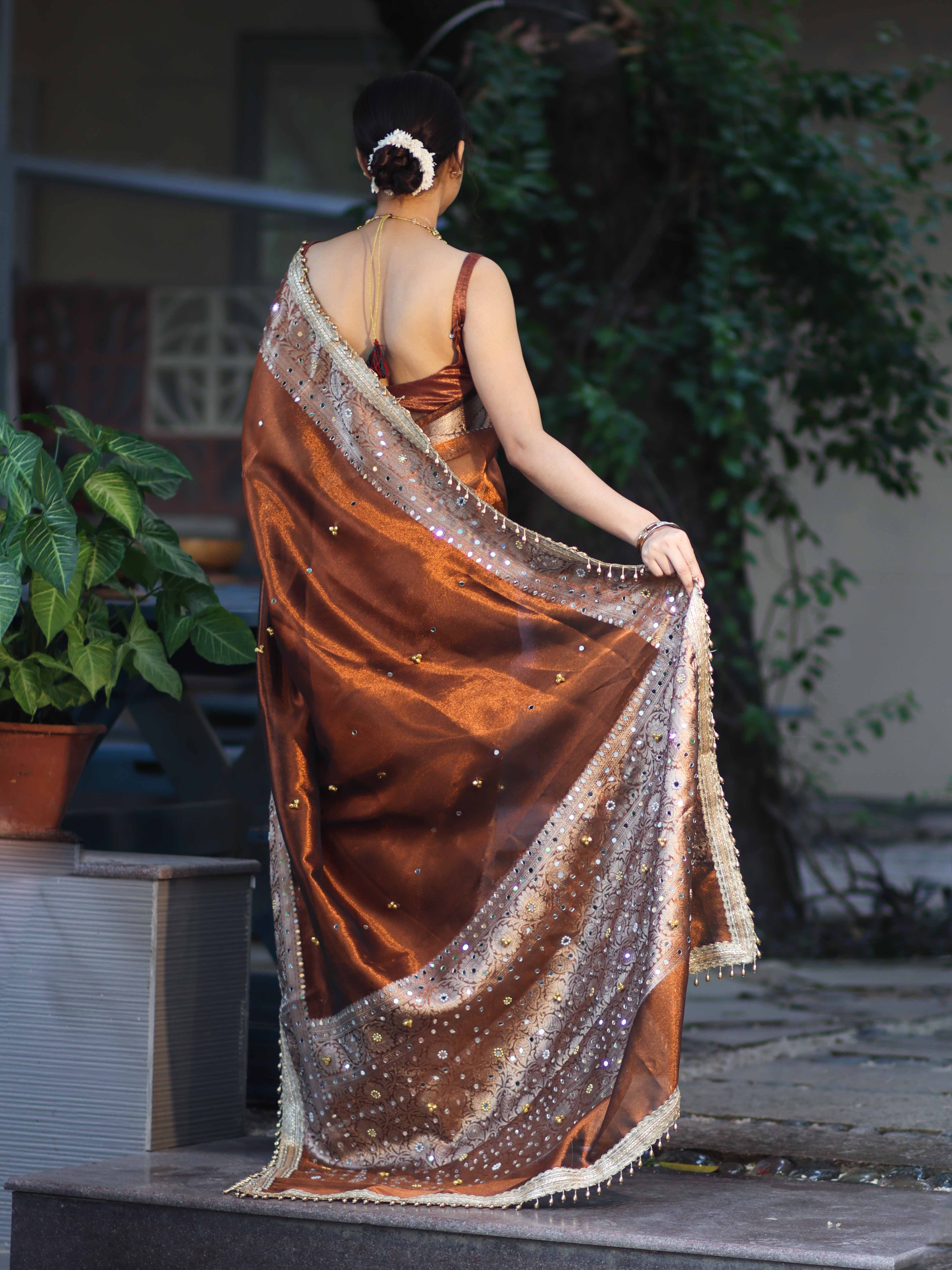 Banarasee Tissue Hand Embroidered Mirror Work Saree With Ghungroo Work & Zari Woven Pallu-Brown