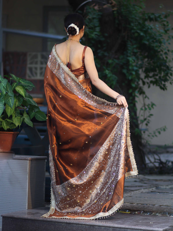 Banarasee Tissue Hand Embroidered Mirror Work Saree With Ghungroo Work & Zari Woven Pallu-Brown