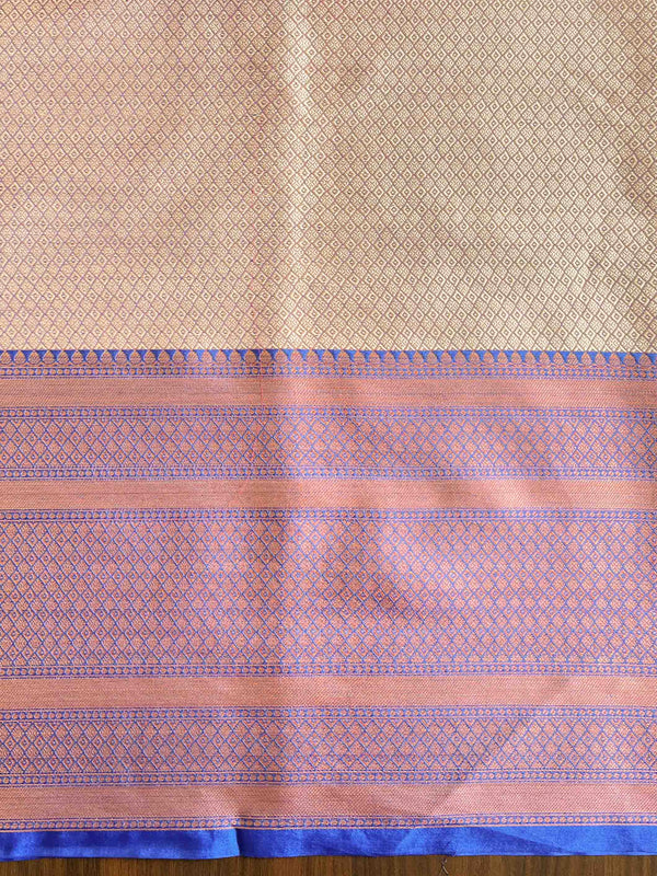 Banarasee Kora Muslin Saree With Jaal Design & Skirt Border-Peach & Blue