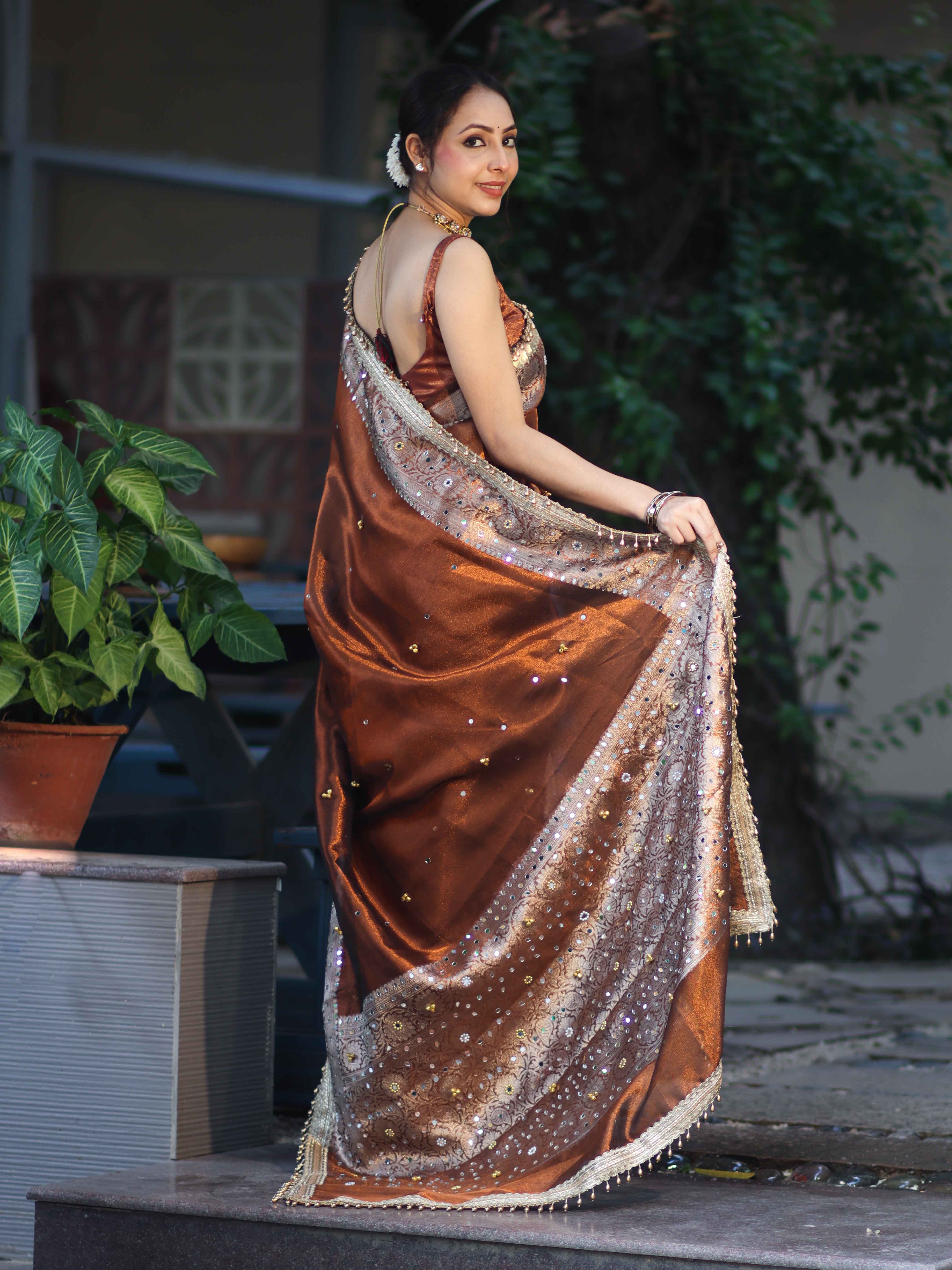 Banarasee Tissue Hand Embroidered Mirror Work Saree With Ghungroo Work & Zari Woven Pallu-Brown