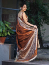 Banarasee Tissue Hand Embroidered Mirror Work Saree With Ghungroo Work & Zari Woven Pallu-Brown
