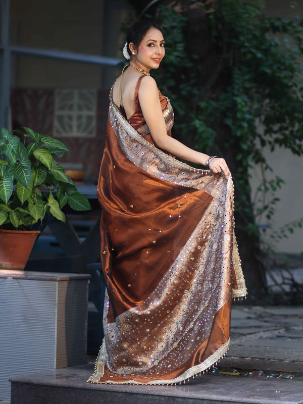 Banarasee Tissue Hand Embroidered Mirror Work Saree With Ghungroo Work & Zari Woven Pallu-Brown