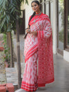 Handloom Mul Cotton Hand-Block Print Saree-White & Red