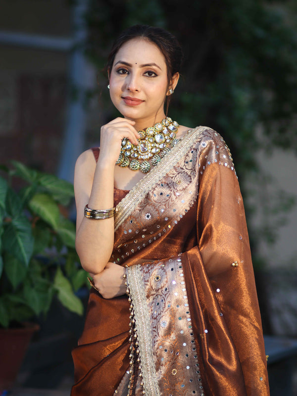 Banarasee Tissue Hand Embroidered Mirror Work Saree With Ghungroo Work & Zari Woven Pallu-Brown