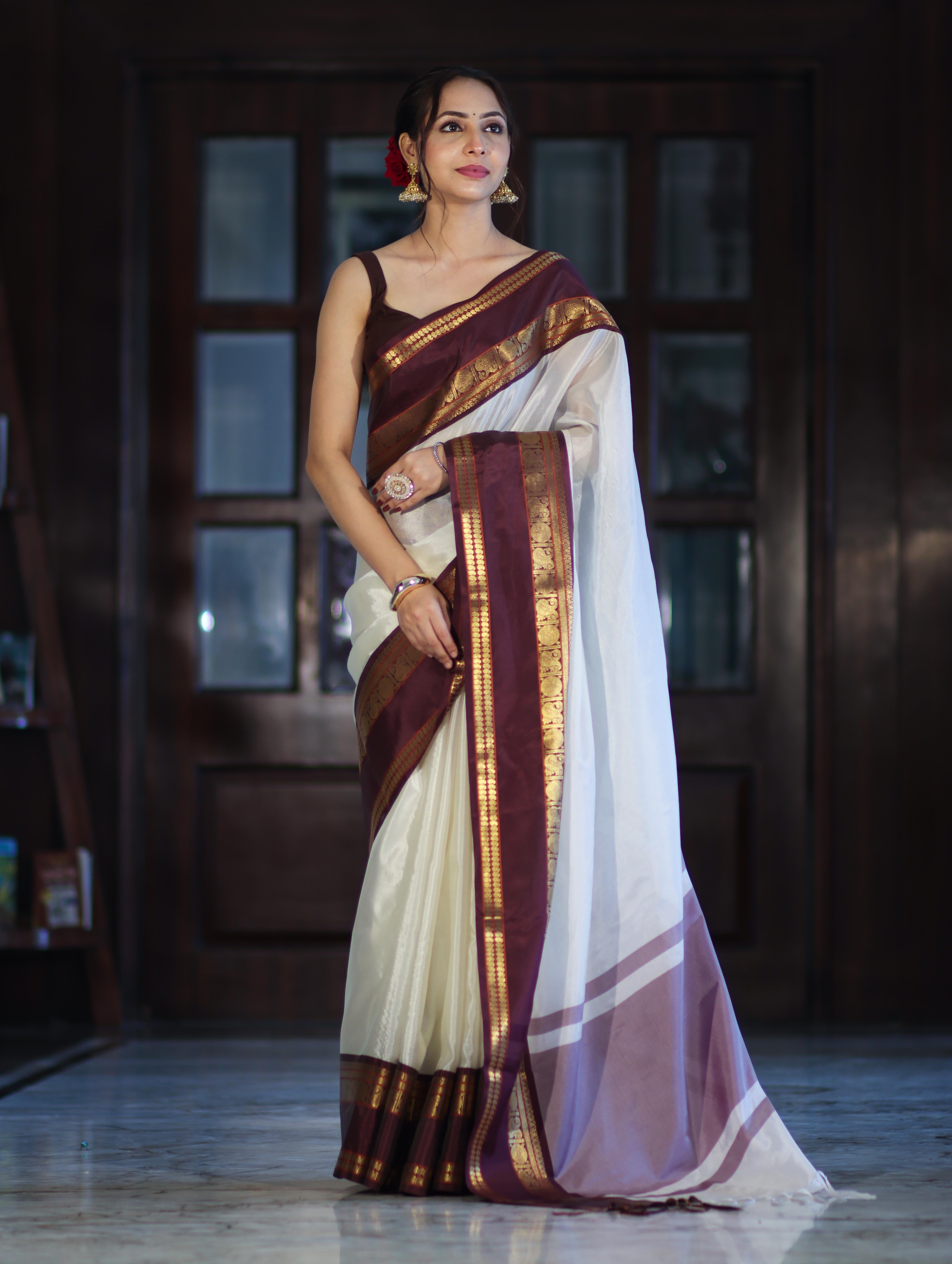 Banarasee Handloom Plain Semi Silk Saree With Contrast Temple Border-White (Dual Tone)