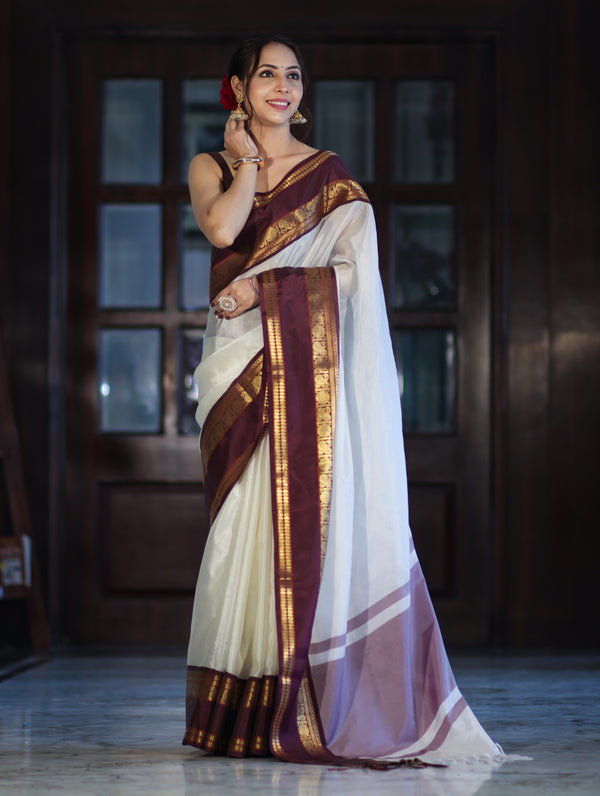 Banarasee Handloom Plain Semi Silk Saree With Contrast Temple Border-White (Dual Tone)