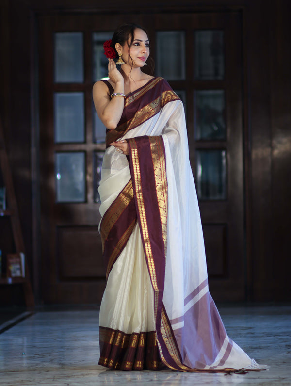 Banarasee Handloom Plain Semi Silk Saree With Contrast Temple Border-White (Dual Tone)