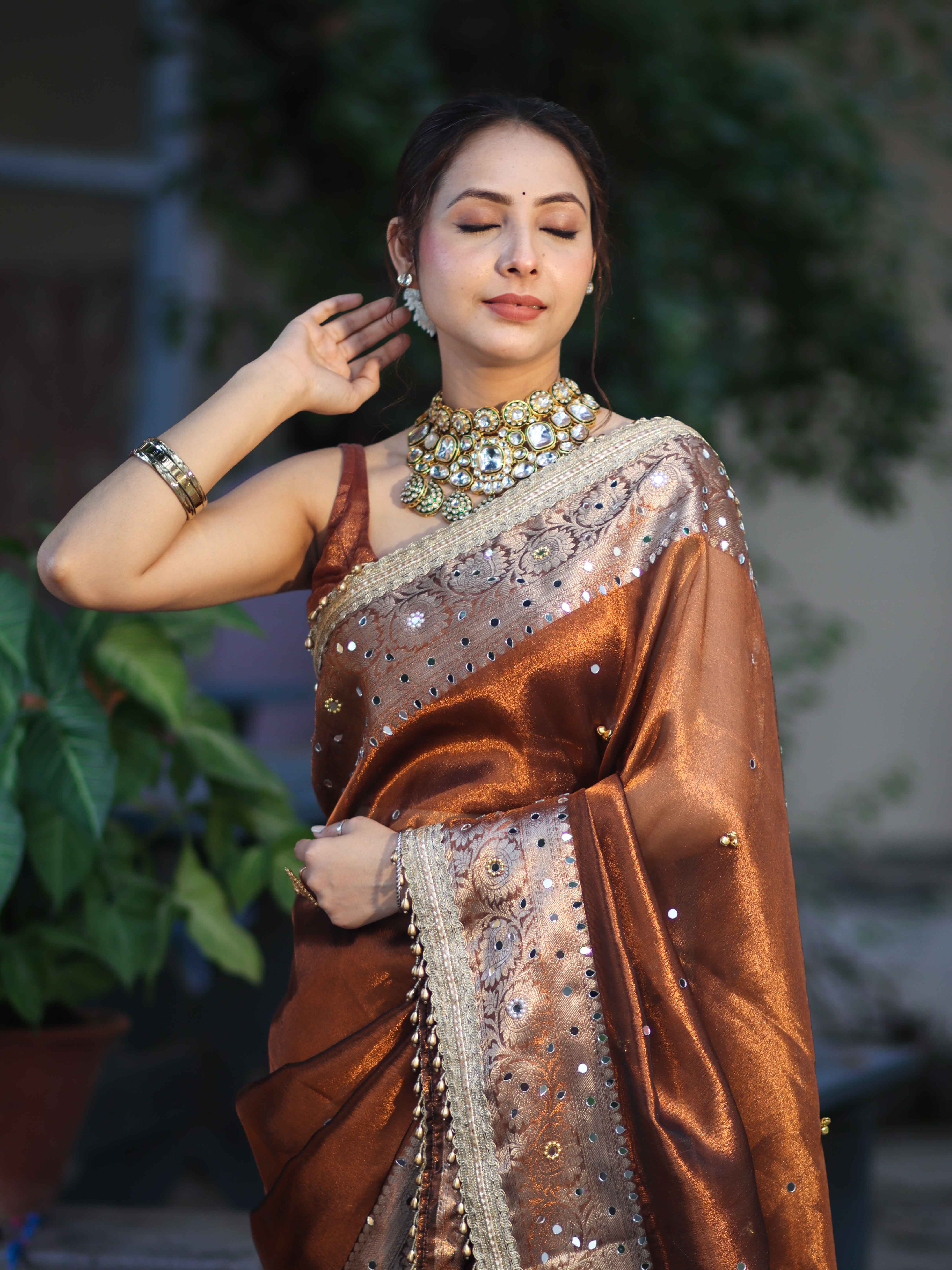 Banarasee Tissue Hand Embroidered Mirror Work Saree With Ghungroo Work & Zari Woven Pallu-Brown